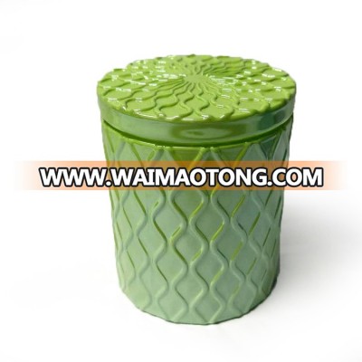 D8*H9.5cm*450g  luxury waves embossed bright green glass  jewelry container box/jar with glass lid