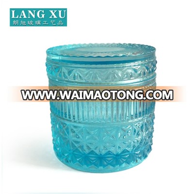 LX hot sell Christmas gift embossed vintage classic design blue green colored glass candle jar with glass lid