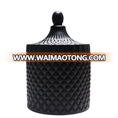 LXHY-T040 antique fancy decorative  empty diamond embossed luxury matte black glass candle jar with lid